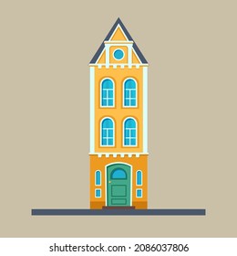 Pequeña casa vectorial de colores amarillos. Una bonita casa de caricaturas sobre un fondo aislado. El objeto se ejecuta en forma plana. Ilustración de un edificio con ventanas, una puerta y un techo.