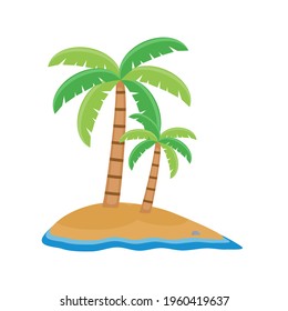 Vector of a small island surrounded by waves of water with coconut trees