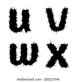 Vector Small Letters for English on transparent background.  Vector silhouette art font for u v w and x