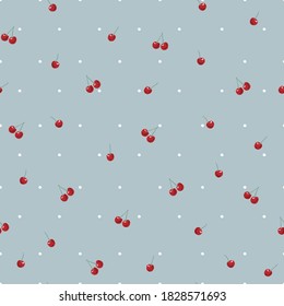 Vector pequeño, encantadora cereza dibujada a mano repetir un patrón sin fisuras con punto de polka y fondo azul retro