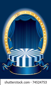 vector small oval circus stage with blue curtain and blank banner