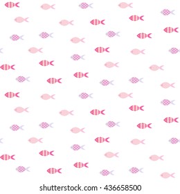 Vector small pink fish seamless pattern. Shoal of fish in rows on white sea pattern. Summer marine girlish theme.