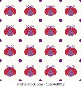 Vector small red ladybugs with purple dots flying, walking and staying on light yellow background seamles pattern. Ideal for childrens decor room, toddlers, bedding, clothes, bag, scrapbooking project