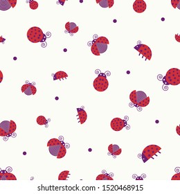 Vector small red ladybugs with purple dots flying, walking and staying on light yellow background seamless pattern. Ideal for bedroom decoration, toddlers, bedding, clothes, scrapbooking art projects