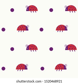 Vector small red ladybugs with purple dots flying, walking and staying on light yellow background seamless pattern. Ideal for kids room decor, toddlers, bedding, clothes, scrapbook, art design project