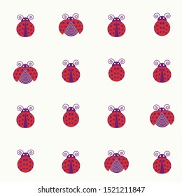 Vector small red ladybugs with purple dots flying, walking and staying on light yellow background aligned in a row seamless pattern. Ideal for decoration of boys and girls room, bedding, clothes.