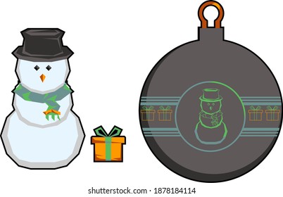 Vector small set, snowman, gift and christmas ball