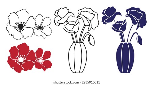 Vector small simple bouquets with anemone poppies flowers in vase, contour line and silholouette drawings