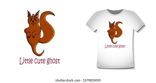 Vector small squirrel ghost with pink bow. Has text slogan -little cute ghost. Illustration for t-shirt prints