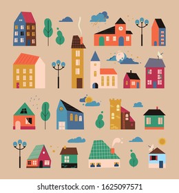 Vector small tiny houses, trees and clouds. Cartoon elements of geometric houses, streets, weather icons. Paper cut style. Hand drawn trendy illustration. Residential area minimalistic print pattern.