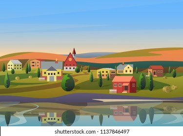 Vector Small town landscape with houses on shore of river with hills under blue morning sunsrise sky on background.