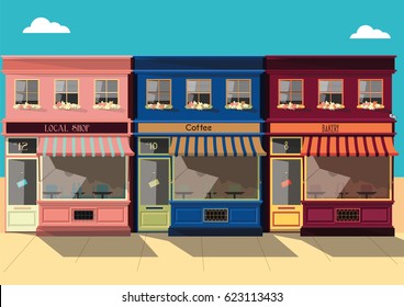 Vector  small Townscape, flat design square architecture detailed store facades