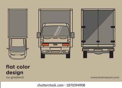 Vector small truck front view back view and side view. Cargo delivery. Solid and Flat color design. Truck car for transportation. Corporate identity.