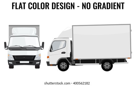 Vector small truck front view and side view. Cargo delivery. Solid and Flat color  design. White truck car for transportation. Corporate identity.