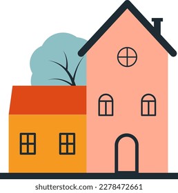 Vector small yellow house with a large pink house next to it and a tree in the background eps 10. Vector a barn with two windows and a tall house with an attic eps 10