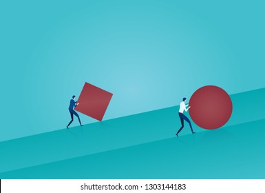 Vector of a smart business man pushing a sphere uphill leading the race against a slower businessman pushing a box. Winning strategy concept 