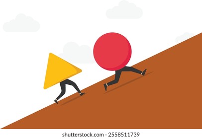 Vector of a smart business man pushing a sphere uphill leading the race against a slower businessman pushing a box. Winning strategy concept


