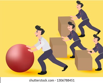Vector of a smart businessman pushing a sphere leading the race against a group of slower businessmen pushing boxes. Winning strategy in business concept 