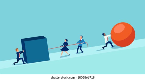 Vector of a smart businessman pushing a sphere leading the race against a team of slower business people pushing a box. Winning strategy concept