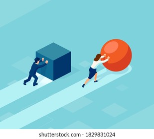 Vector of a smart businesswoman pushing a sphere leading the race against a slower businessman pushing a box. Winning strategy in business concept