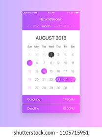 Vector Smart Calendar App Concept August 2018 Page with To Do List and Tasks UI UX Design Mockup for Mobile Phone. Planner Application Template for Smartphone