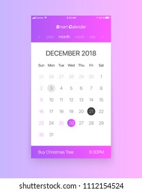 Vector Smart Calendar App Concept December 2018 Page with To Do List and Tasks UI UX Design Mockup for Mobile Phone. Planner Application Template for Smartphone