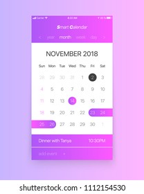 Vector Smart Calendar App Concept November 2018 Page with To Do List and Tasks UI UX Design Mockup for Mobile Phone. Planner Application Template for Smartphone