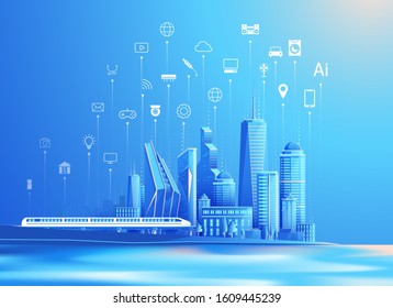 vector of smart city and internet of things flat design concept, urban landscape with smart services and  things icons illustration.