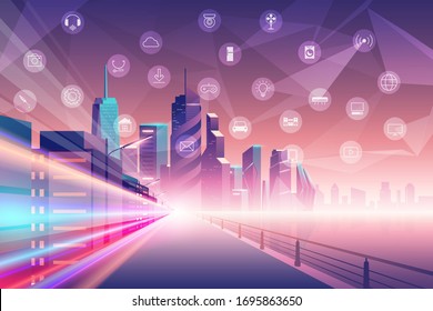 vector of smart city and internet of things flat design concept, urban landscape with smart services and  things icons illustration.