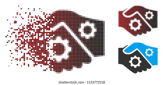 Vector smart contract handshake icon in sparkle, pixelated halftone and undamaged solid versions. Disintegration effect uses square scintillas and horizontal gradient from red to black.