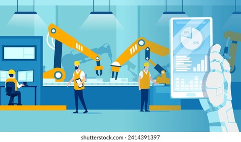 Vector of a smart factory with robot control over workers on assembly line, industry and technology concept
