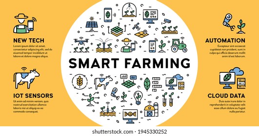 Vector smart farm icon illustration. Digital farming banner with place for text. Technology agriculture logo signs concept. Innovation farmer management background design