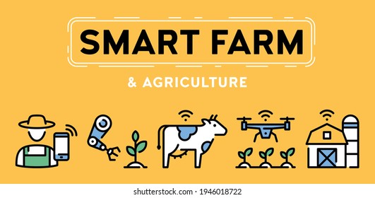 Vector Smart Farm Icon Illustration. Technology Agriculture Logo Signs Concept. Modern Digital Farming Banner Concept. Innovation Farmer Management Background Design