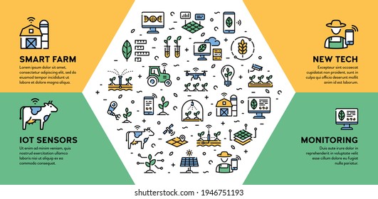 Vector smart farm icon illustration. Linear technology farming banner with place for text. Innovation farmer control background design. Digital agriculture logo signs concept