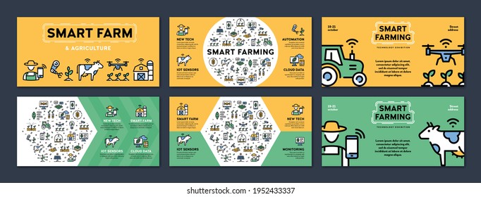Vector smart farm icon illustrations. Digital farming banners with place for text. Technology agriculture logo signs concept. Innovation farmer management background design