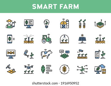 Vector smart farm icon set. Line illustrations of technology agriculture. Simple and clear digital farming symbols. Innovation farmer management concept