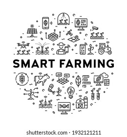 Vector smart farm icon set. Clear and simple digital farming symbols in circle form. Linear illustrations of technology agriculture. Digital farmer management pictogram concept