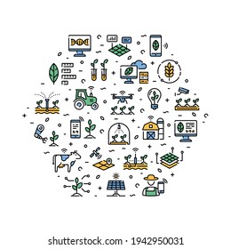 Vector smart farm icon set. Line illustrations of technology agriculture in hexagon form. Simple digital farming symbols. Innovation farmer management pictogram concept