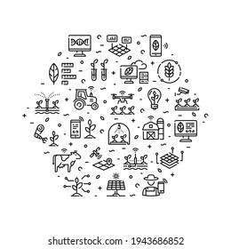 Vector smart farm icon set. Outline illustrations of technology agriculture in hexagon form. Modern digital farming symbols. Innovation farmer management pictogram concept