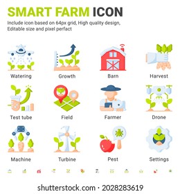 Vector smart farm icon set isolated on white background. Illustration flat color symbols of technology agriculture, Innovation farmer management concept icon for digital farming elements and other