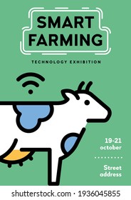 Vector smart farm poster concept. Line logo illustration of technology cow farming. Wifi agriculture livestock background template. Innovation cattle icon flyer design