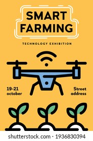 Vector smart farm poster concept. Line logo illustration of drone over the field. Wireless agriculture management background template. Digital farming icon flyer design