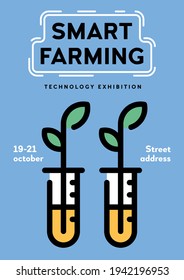 Vector smart farm poster concept. Line logo illustration of test tubes with leaves. Laboratory bio technology background template. Plant vitro icon flyer design