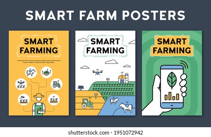 Vector Smart Farm Poster Concepts With Place For Text. Line Illustrations Of Technology Agriculture. Digital Farming Background Templates. Innovation Farmer Control Icon Flyer Design