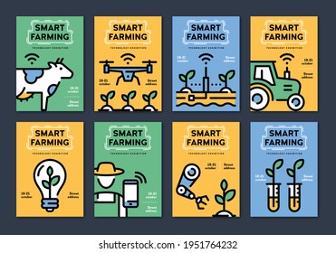 Vector smart farm poster concepts. Outline logo illustrations of technology agriculture. Modern digital farming background templates. Innovation farmer control icon flyer design