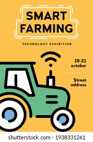 Vector Smart Farm Poster Template. Line Logo Illustration Of Technology Tractor Farming. Innovation Heavy Machinery Background Concept. Wifi Harvest Truck Icon Flyer Design