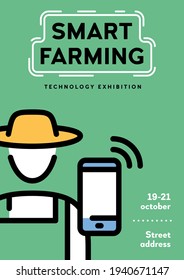 Vector Smart Farm Poster Template. Line Logo Illustration Of Farmer In Hat With Smart Phone. Digital Farming Man Logo Background. Innovation Farm Management Icon Flyer Design