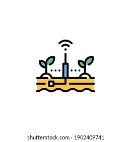 Vector smart farm soil icon. Line wireless monitoring system illustration.  Modern technology agriculture concept. Plant and ground data analytics template