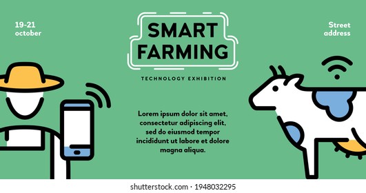 Vector Smart Farming Icon Illustration. Line Digital Farm Banner With Place For Text. Technology Agriculture Logo Signs Concept. Farmer And Cow Symbols Background Design