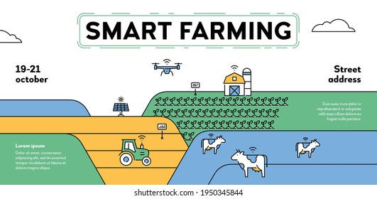 Vector smart farming icon illustration. Outline digital farm banner with place for text. Technology agriculture background template. Innovation farmer management design concept